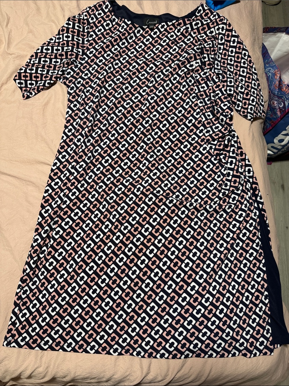 connected apparel Navy Midi Dress with Pink and White Geometric Print